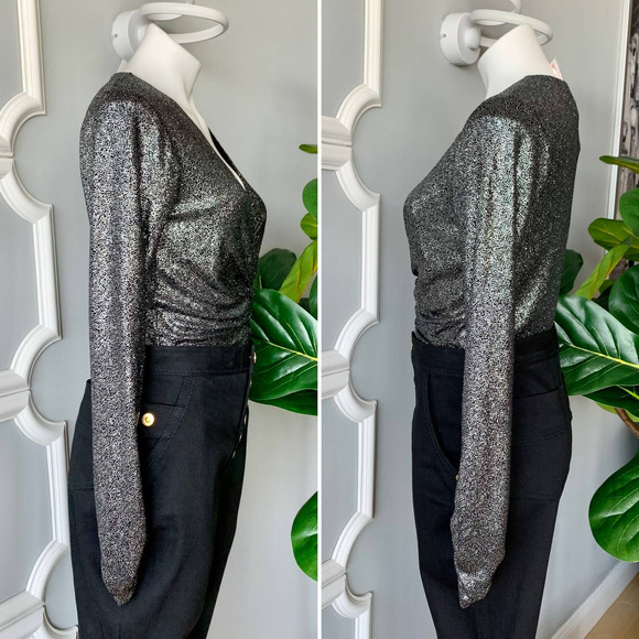 Scripted Metallic Bodysuit Long-Sleeve Black Silver Size Medium - Picture 5 of 11